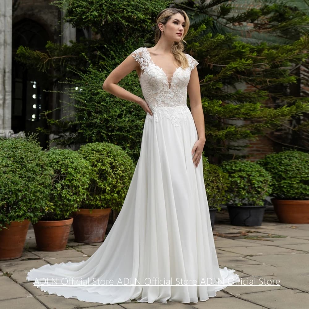 Customized Cap Sleeve V Neck Wedding Dress Classic Lace Applique Illusion back Zipper Sweep Train A Line Bridal Gown