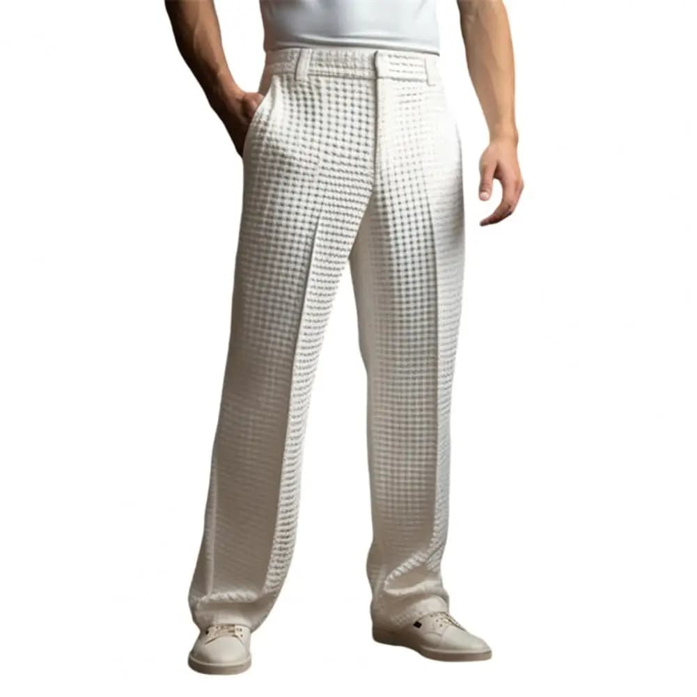 Men Waffle Dress Pants Casual Business Suit Trousers Wide Leg Trousers with Belt Loop for Office Dating Vacation Daily Wear