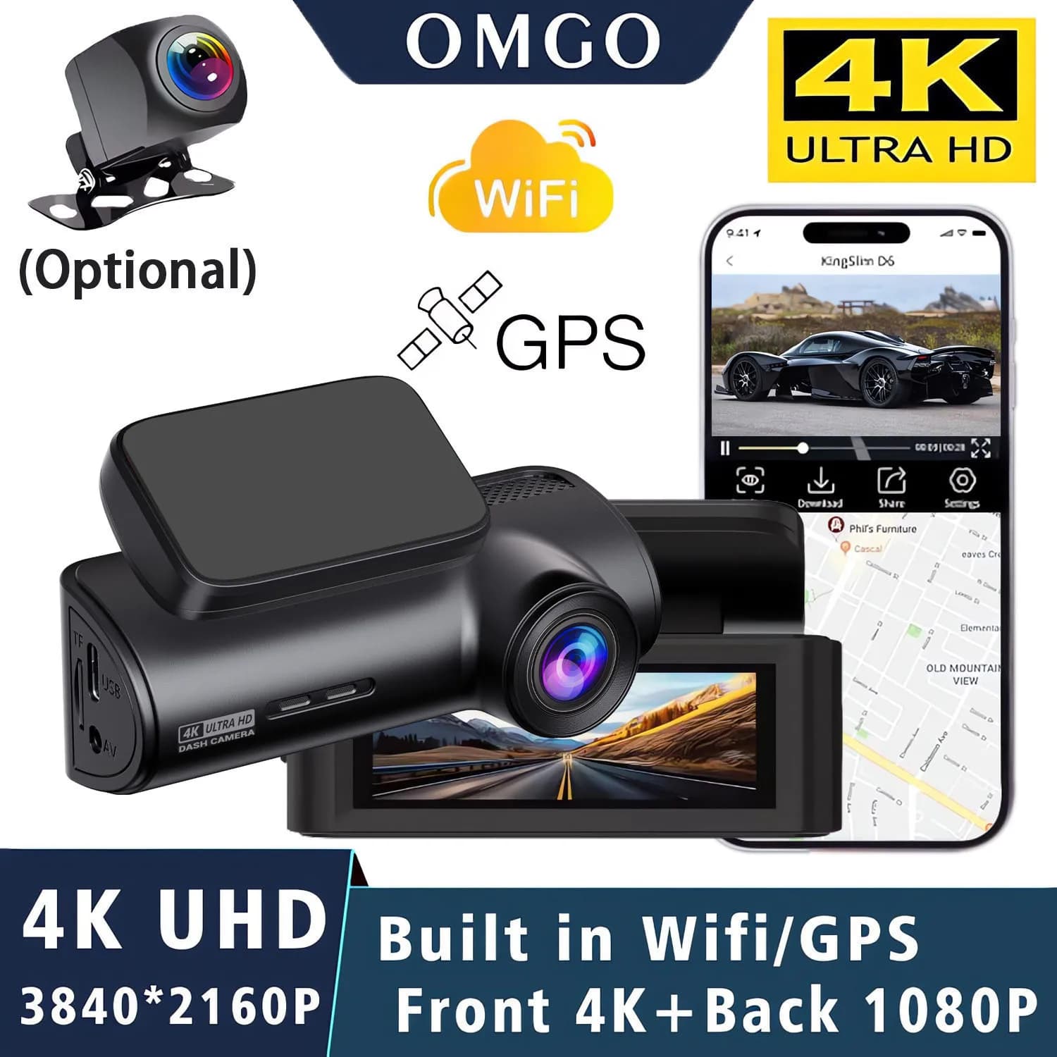 4K WIFI Dash Cam 3840*2160P DVR support for cars GPS Front and rear Auto Camera with Night Vision Dashcam G-Sensor 24H Parking