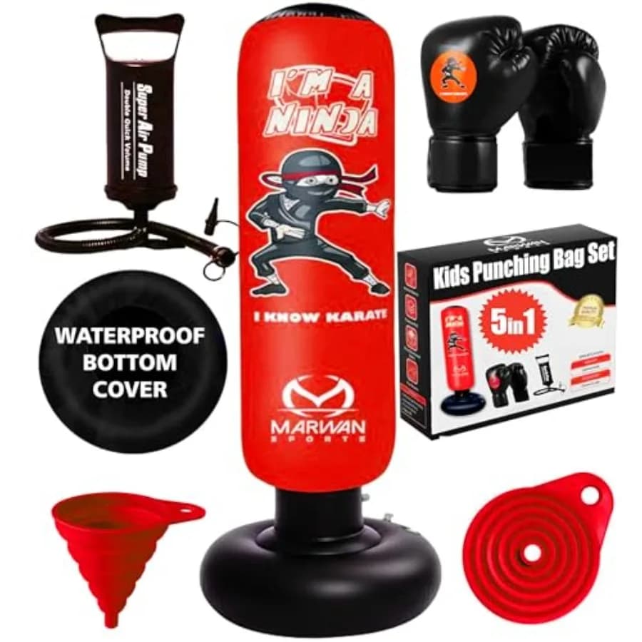 5-in-1 Boxing Bag Set with Gloves, Pump, Funnel, 63 Inflatable Poles for 4-12 Years, PVC Resistant, Quick Rebound Waterproof Base