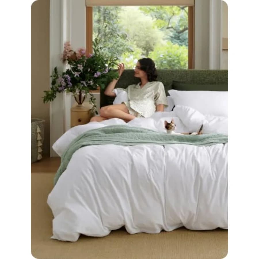 100% Washed Cotton Duvet Cover Queen Size - Bright White Minimalist Bedding Set Linen Like - PureWoven Plain Simple and Soft Co