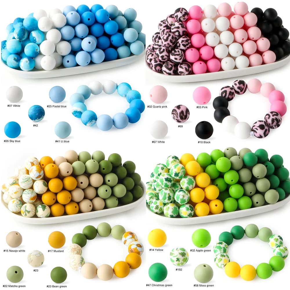 30Pcs/Lot 15MM Silicone Beads Round Loose Mix Print Beads For Jewelry Making DIY KeyChain Pen Bracelet Necklace Accessories