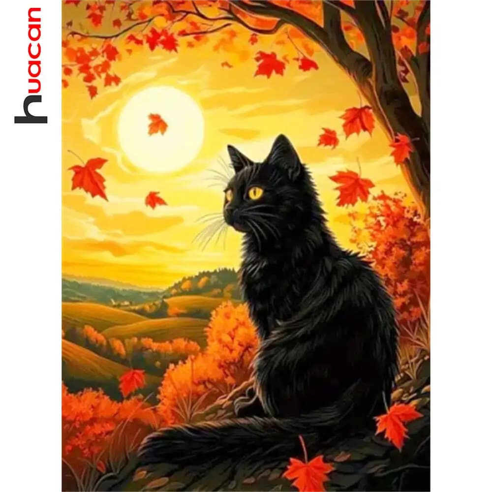 Huacan Animal Cat Diamond Painting 5D Sunset Landscape DIY Rhinestones Mosaic Art New 2025 Tree Decorative Paintings