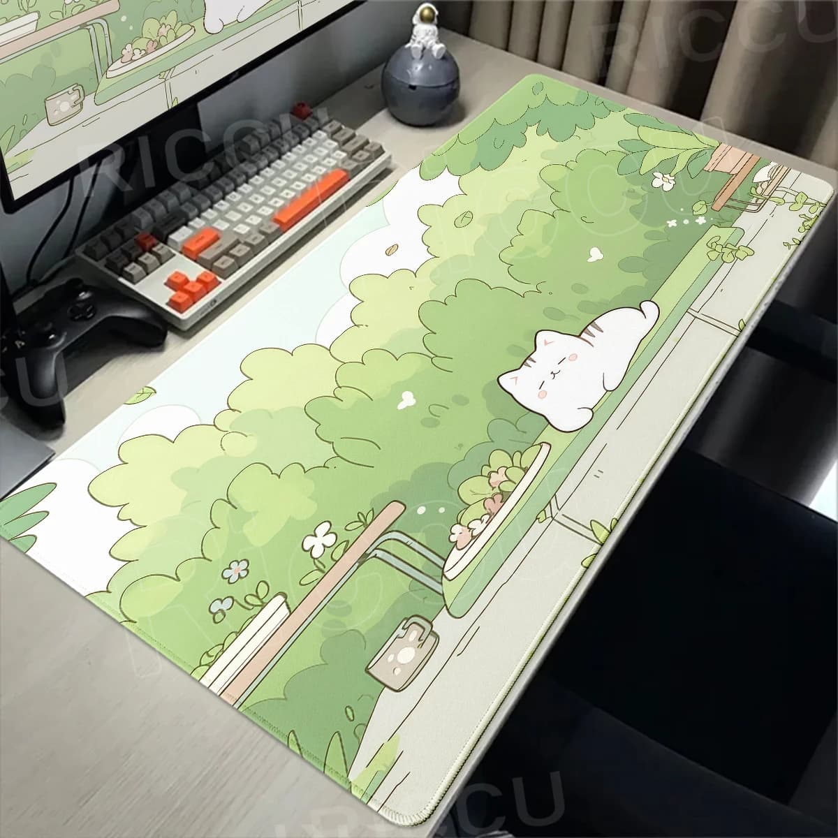 Bellissimo tappetino per mouse da ufficio con gatto bianco e piante verdi, tappetino da scrivania antiscivolo in gomma, accessori per PC, tappetino da gioco, tastiera, tappetino per mouse esteso