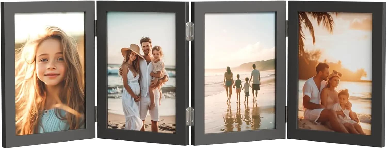Cornice Fotografica Pieghevole 4x6 con Cerniere, Supporto da Tavolo in Legno Rustico per Regalo Collage Familiare in Nero