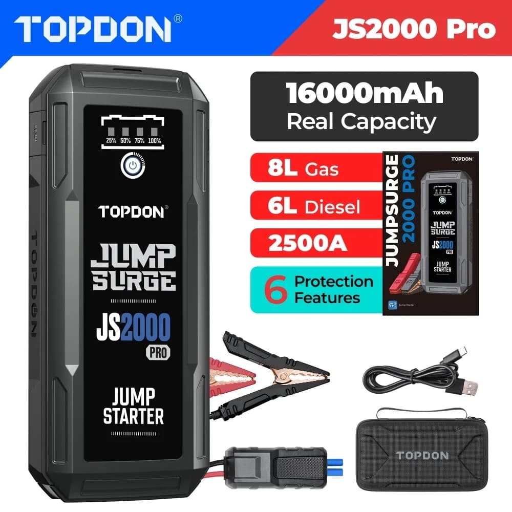 Topdon JS2000 pro/JS1500/JS1200pro 2500/1800/1200A Jump Starter Power Bank 12V Dispositivo di avviamento per auto Batteria 16000Mah per Booster