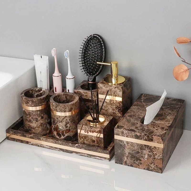 Set da Bagno in Marmo Naturale Emperador Dark, Accessori di Lusso in Pietra: Portaspazzolino, Portabicchiere, Dispenser Sapone