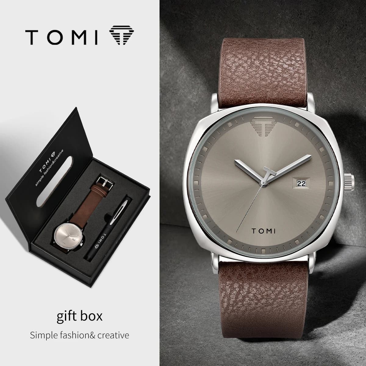 TOMI Nuovo 2PCS Uomini d'affari di lusso Orologio Confezione regalo Set Semplice e casual Uomini Calendario Orologio al quarzo Penna Reloj Uomini Regalo di festa