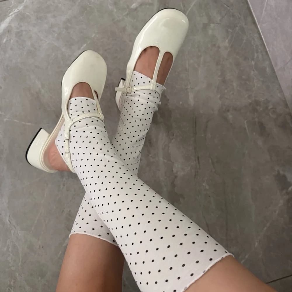 Korean Style Ruffle Edge Polka Dot Leg Warmer Slouch Mid Calf Socks Women Soft Thin Stackable Dot Print Knee High Decorations