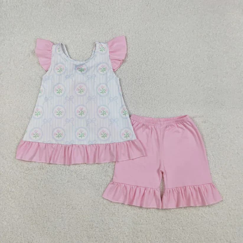 RTS Fiori Archi Strisce Top senza schienale Pantaloncini rosa Set di vestiti estivi per ragazze