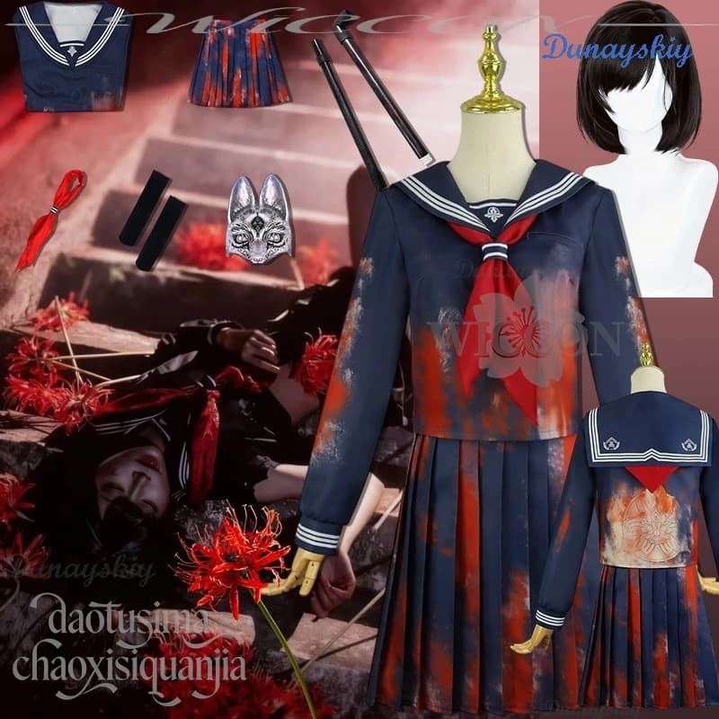 Mascara Halloween disfraz Japanese school JK fake blood pattern Cosplay dress Shimizu Anime Hinak horror game F costume Goth Lo