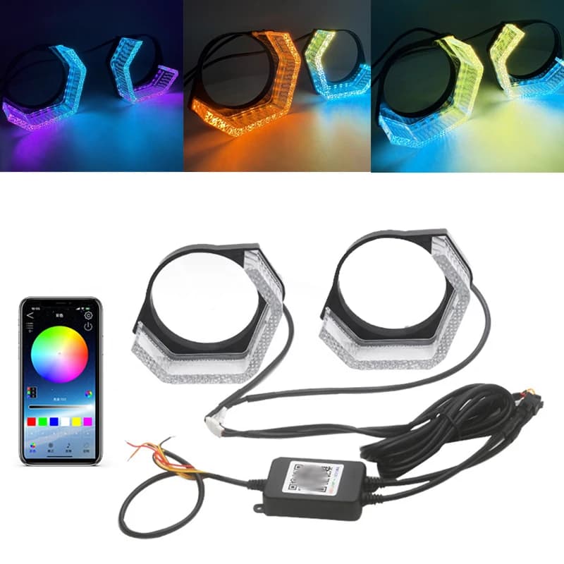 Anelli luminosi a LED RGB 5D da 2,5-3 pollici, coperture per luci diurne DRL, indicatori di direzione, controllo tramite app, coperture per fari auto multicolore
