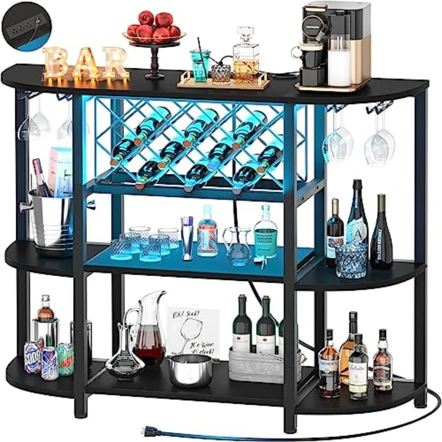 Mobile Bar in Metallo a 4 Ripiani con Presa Elettrica e Luce LED, Tavolo Bar da Terra Indipendente per Liquori con Portabicchieri e Portabottiglie