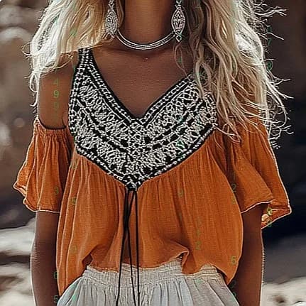 Top a Canotta Bohemien Vintage Stampato con Inserti, Blusa Estiva Casual da Donna