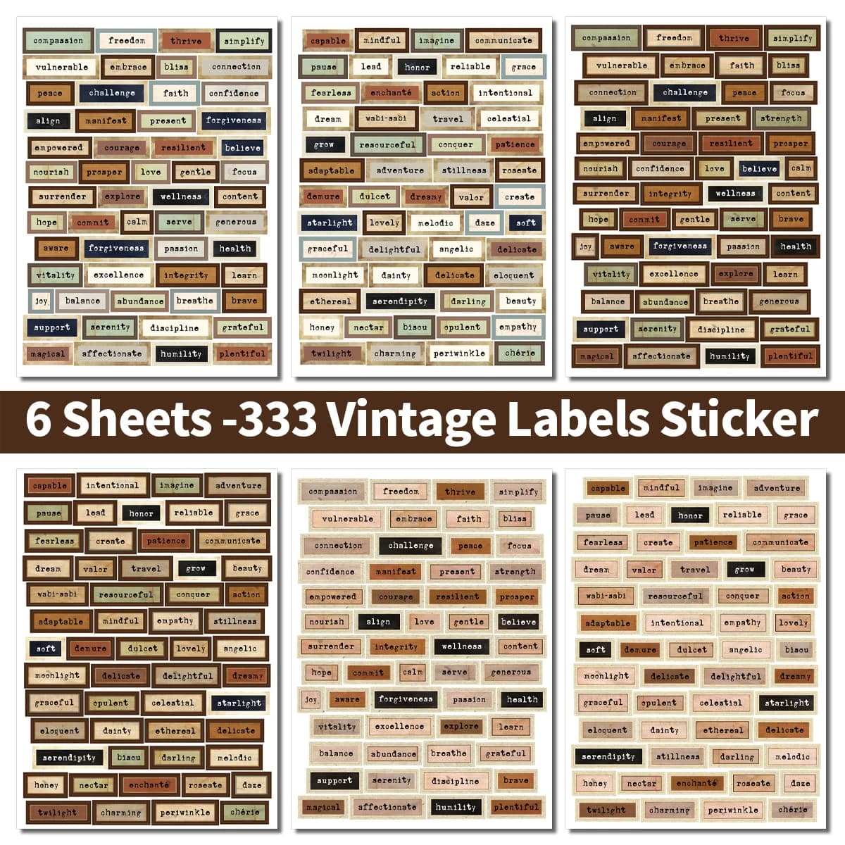 6Sheets Vintage English Words Stickers Kit for Journaling ,Scrapbooking,The Word of Year Labels for Notebook,Journaling Supplies