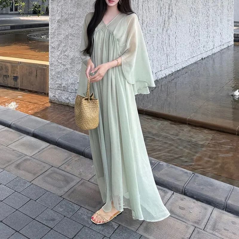 Women Light Green Sheer Chiffon Maxi Dress V Neck Batwing Flare Sleeve Empire Waist Loose Flowy Vacation Fairy Long Slip Dress