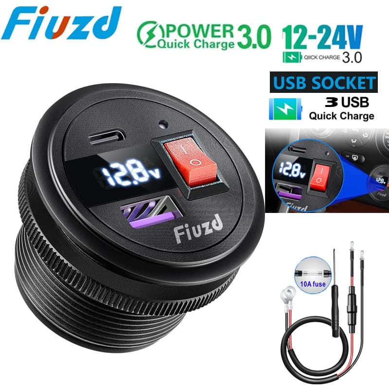 Presa per caricabatterie doppia USB 3.0 per ricarica rapida per auto 12V 24V Presa di corrente in metallo 36W ricarica rapida con voltmetro LED