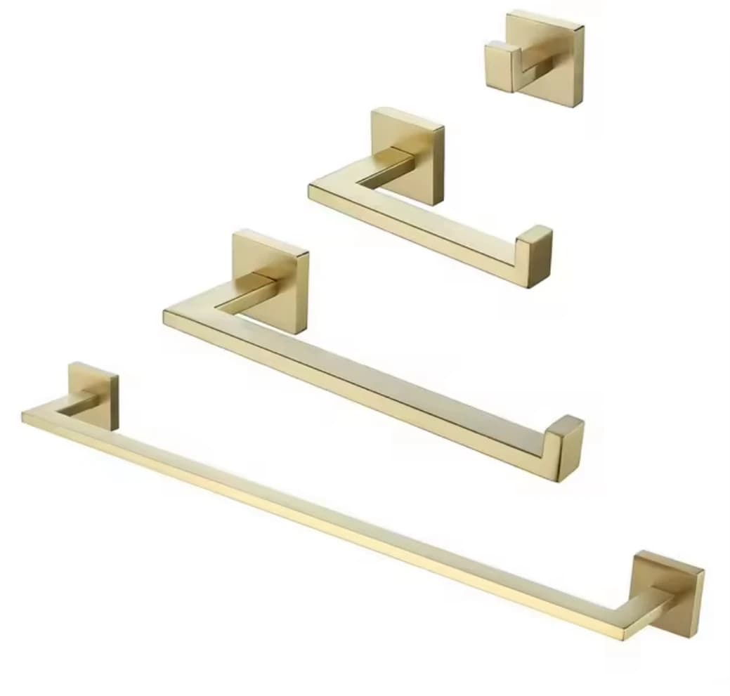New Brushed Gold 4 Pieces Bathroom Hardware Accessories Set Towel Bar Towel Holder Robe Hook Toilet Paper Holder Stainless Steel