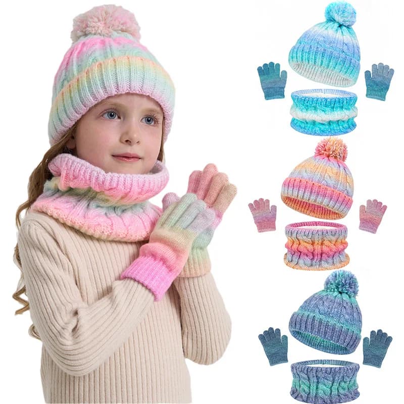 Winter Kids Hats Gloves Scarf Set Plus Velvet Thicken Baby Hat Gradient Color Boys Girls Knitted Beanie Outdoor Warmer Accessory