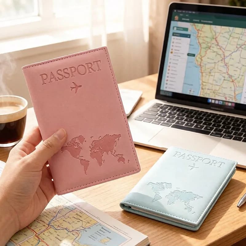 Custodia Sottile per Passaporto con Mappa, Porta Passaporto in PU, Essenziale per Viaggi e Crociere, Accessori da Viaggio, Porta Passaporti per Tutti i Paesi
