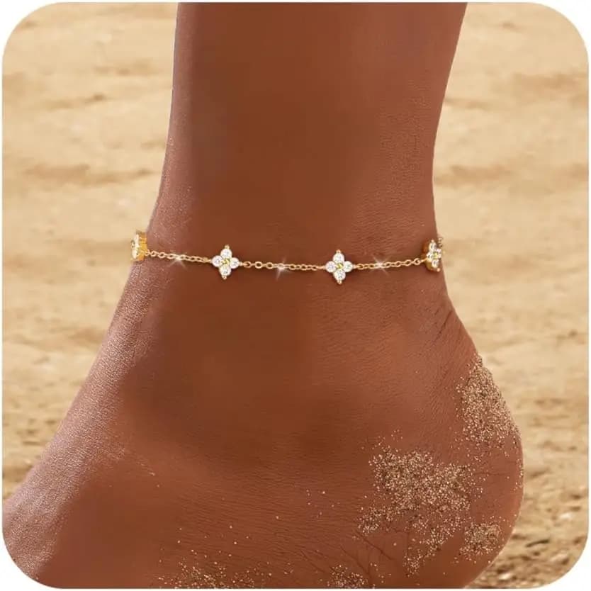 Gold Silver Anklets for Women CZ Ankle Bracelet 14K Gold Plated Waterproof Layered Stackable Clover Butterfly Tennis Chain Anklet Trendy Summer Beach Foot Jewelry