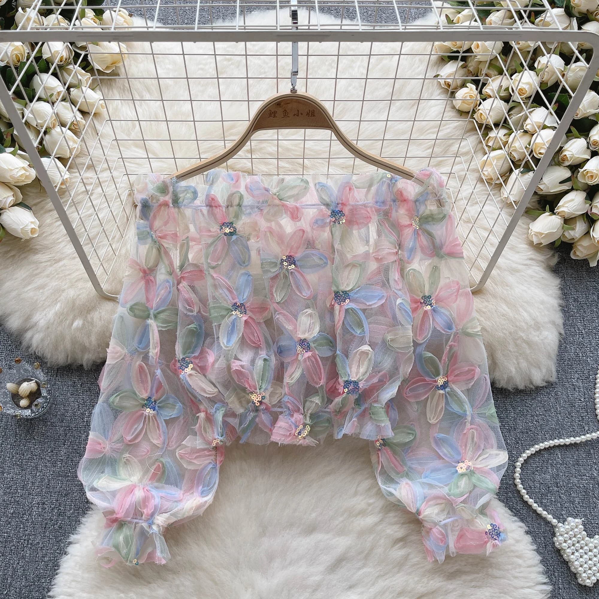 Women's Transparent Shirt with 3D Floral Applications, Long Sleeves Smurf, Sequins Decorations, Top in Transparent Network