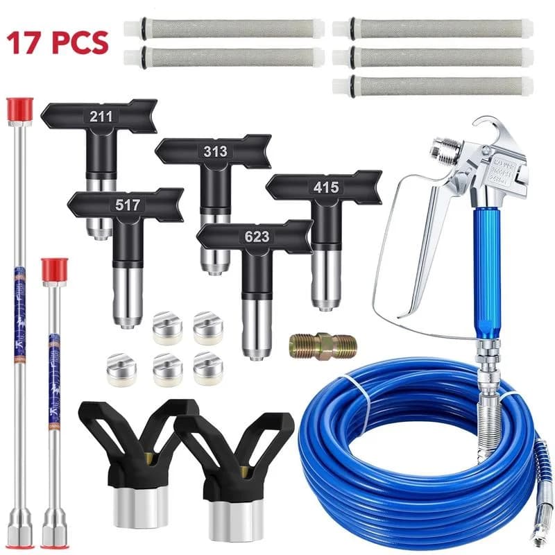 Airless Paint Sprayer Kit, Professional Set with 10m High Pressure Tube, 5 Reversible Nozzles, 2 Ti