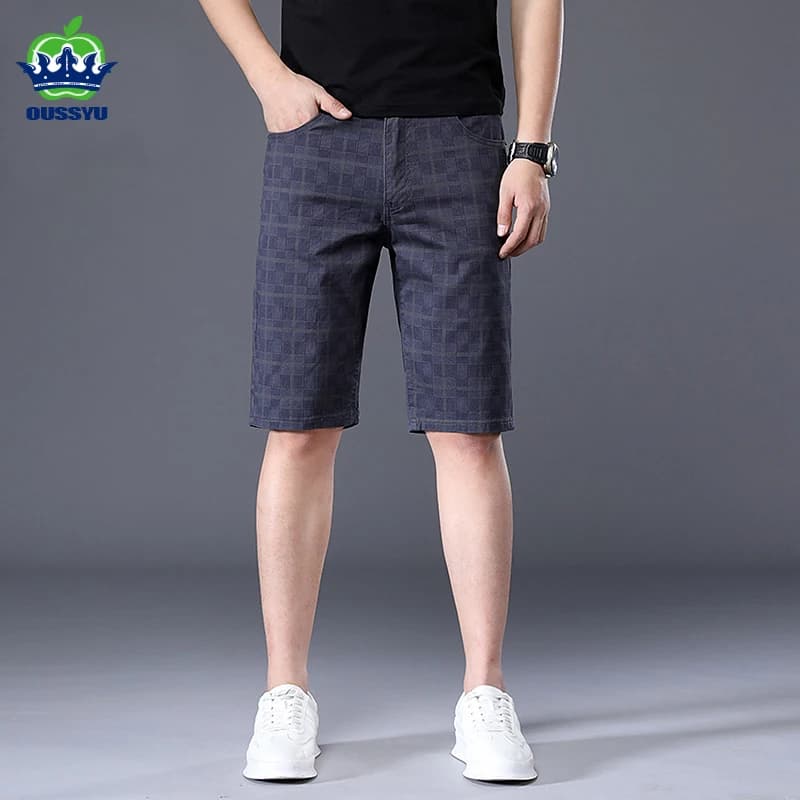 OUSSYU Brand Summer Thin Plaid Shorts Men Knee Length Pants Straight Beach Short 98%Cotton Blue Plaid Patchwork Pant Male