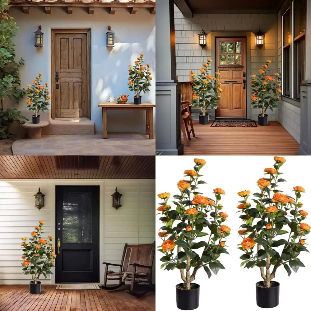 Set di 2 Piante Artificiali di Camelia con Vasi, Decorazione Alta per Interni/Esterni, Casa, Balcone, Patio, Soggiorno