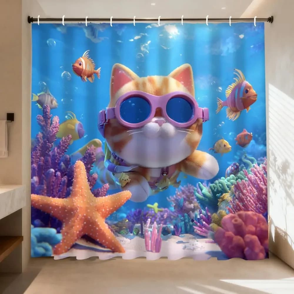 Tenda da doccia stampata con gatti che si fanno immersioni subacquee, decorazione colorata con animali per l'arredamento del bagno dei bambini