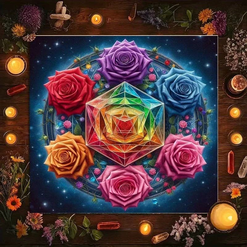 Tovaglia per tarocchi con rose e gemme geometriche, misteriosa tovaglia per altare in poliestere, adatta per divinazione, astrologia.