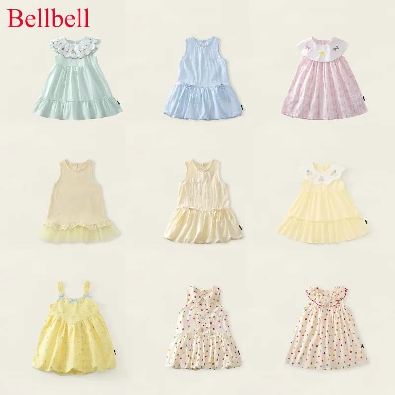 Bellbell Vestito Estivo per Bambine, Abito a Pois con Spalline per Bambine 2-8 Anni, Vestito da Spiaggia Francese per Bambine, Abito Senza Maniche con Fiocco Tinta Unita