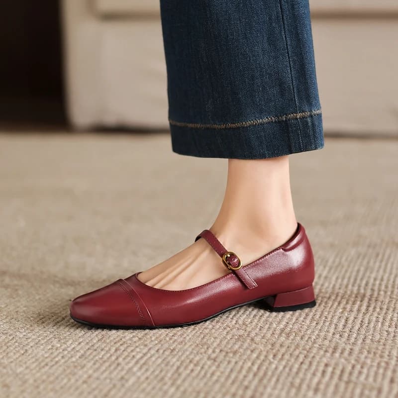 Nuove Scarpe Mary Jane da Donna in Vera Pelle di Vacchetta con Cinturino Elastico e Tacco Basso, Taglie Grandi, per Primavera e Autunno
