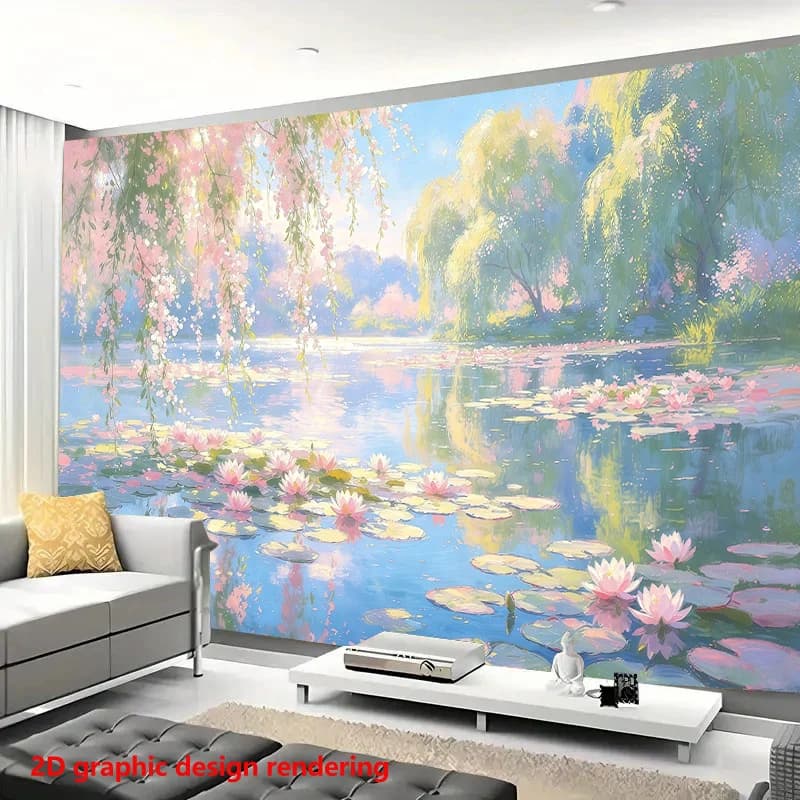 Large Floral Watercolor Mural Wallpaper Tropical Pond Scene Pink Lotus Blossoms Living Room Wall Art