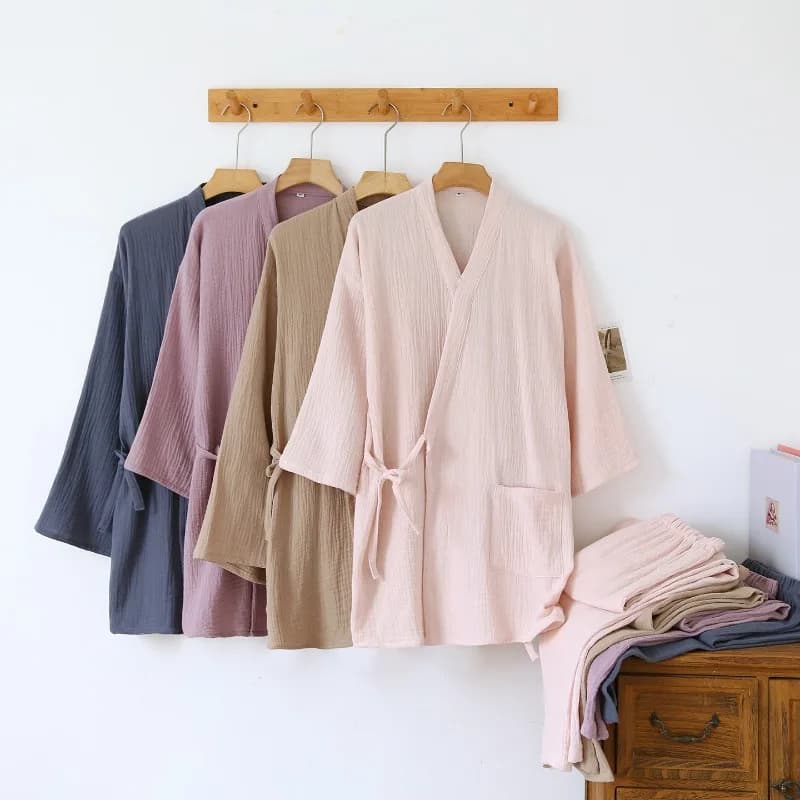 Minimalist Japanese Kimono Robe Women Double Gauze Pajama Set Soft Washed Cotton Loungewear V Neck Breathable Homewear