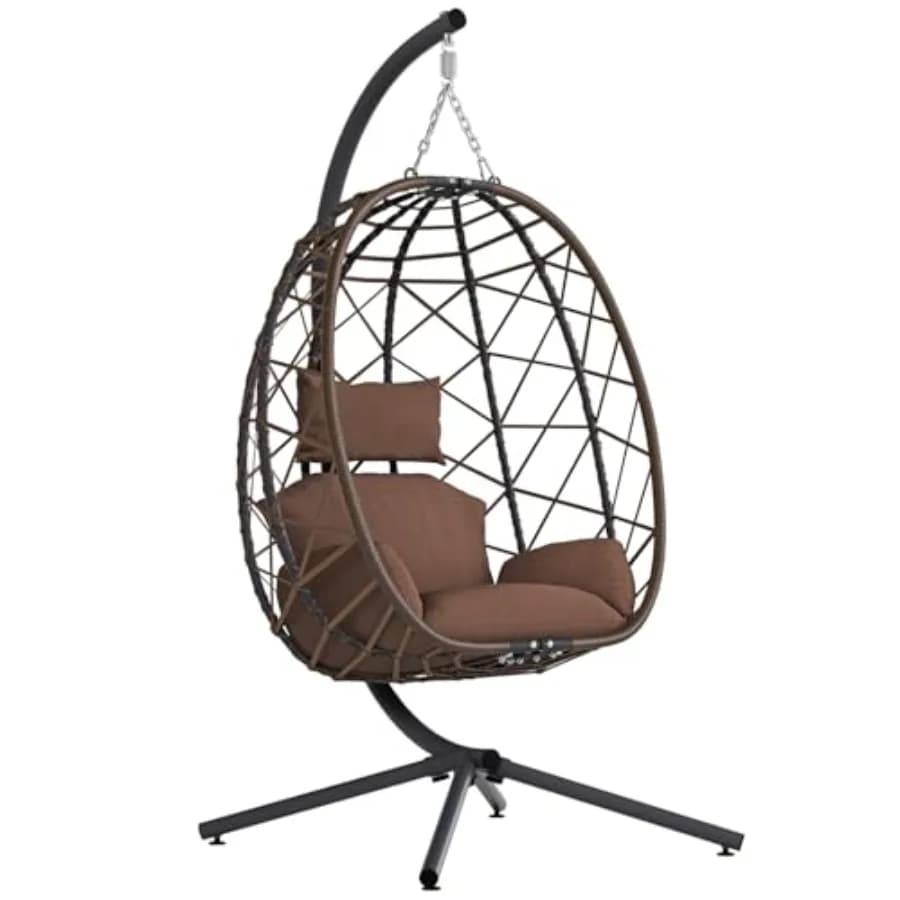 Hanging egg rocking chair with support, exterior and interior, in rattan wicker, with cushion, durable, for patio and garden