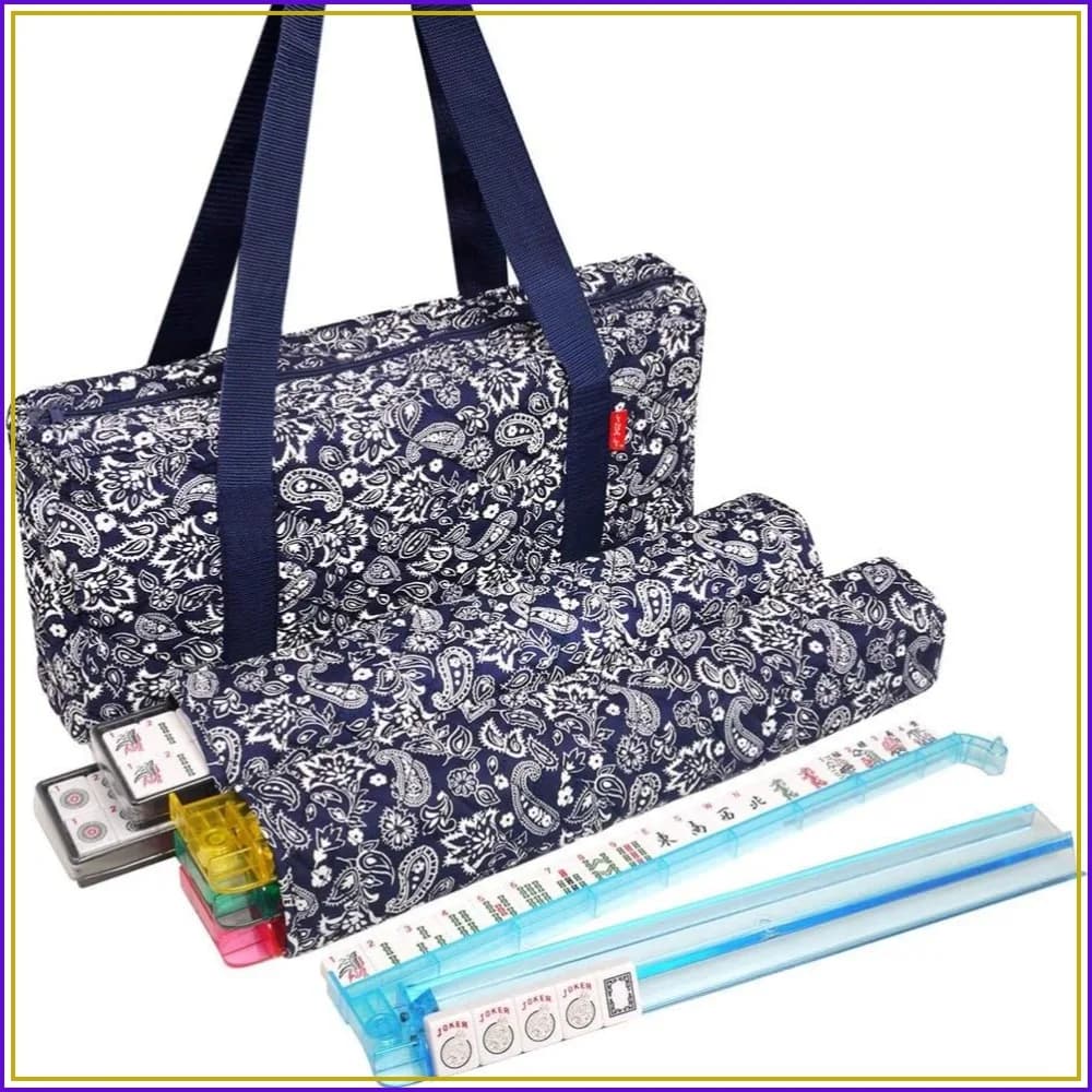 American Mahjong Set 166 Premium White Tiles, 4 All-in-One Rack/Pushers, Blue Paisley Soft Bag – Classic Full Size