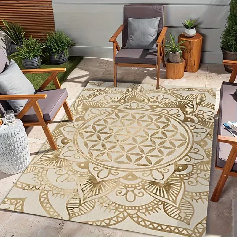 Bohemian Gold Flower of Life Area Rug Non Slip Waterproof Indoor Outdoor Carpet Patio Living Room Bedroom Balcony Decor Mat