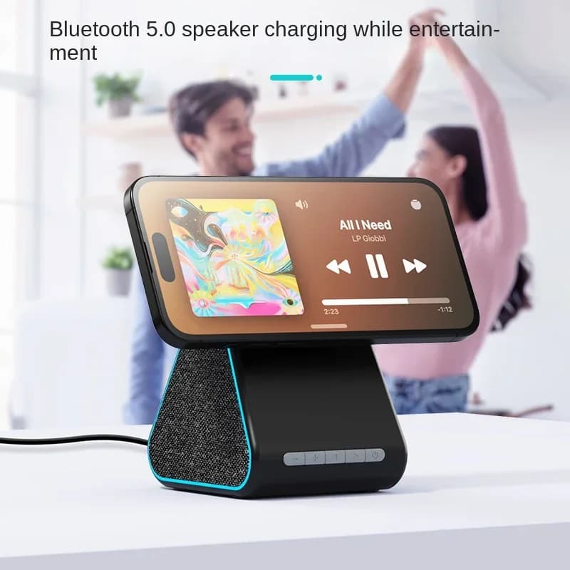 Altoparlante caricabatterie audio wireless Bluetooth 2 in 1 con caricatore wireless magnetico da 15 W Staffa regolabile a ricarica rapida per iPhone