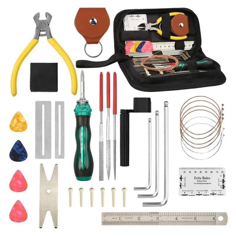 28 pezzi kit di strumenti essenziali per la riparazione di chitarra chiave righello pick string chitarra acustica elettrica riparazione strumento di pulizia di manutenzione