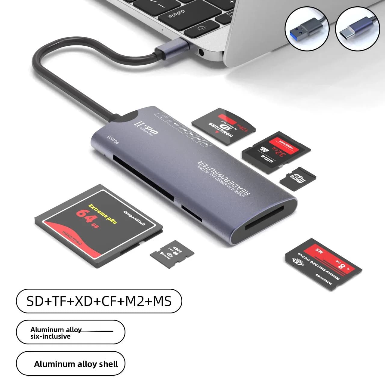 Lettore di schede CF multifunzionale USB ad alta velocità Ms, lettore di schede Xd sei in uno per computer Tf in lega di alluminio SD