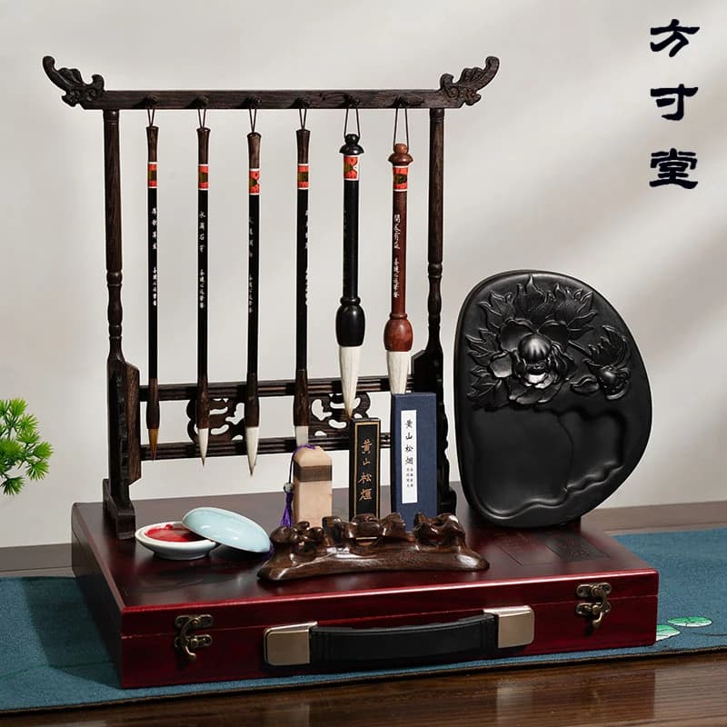 Chinese study four treasures gift box brush set, send elders professional grade inkstone calligraphy special pen ink paper inkst