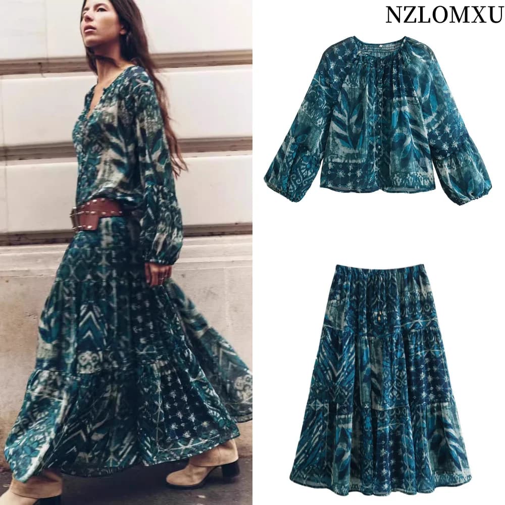2025 Primavera Nuovo Prodotto Moda Donna Casual Allentato Girocollo Camicia stampata Set gonna con coulisse stampata