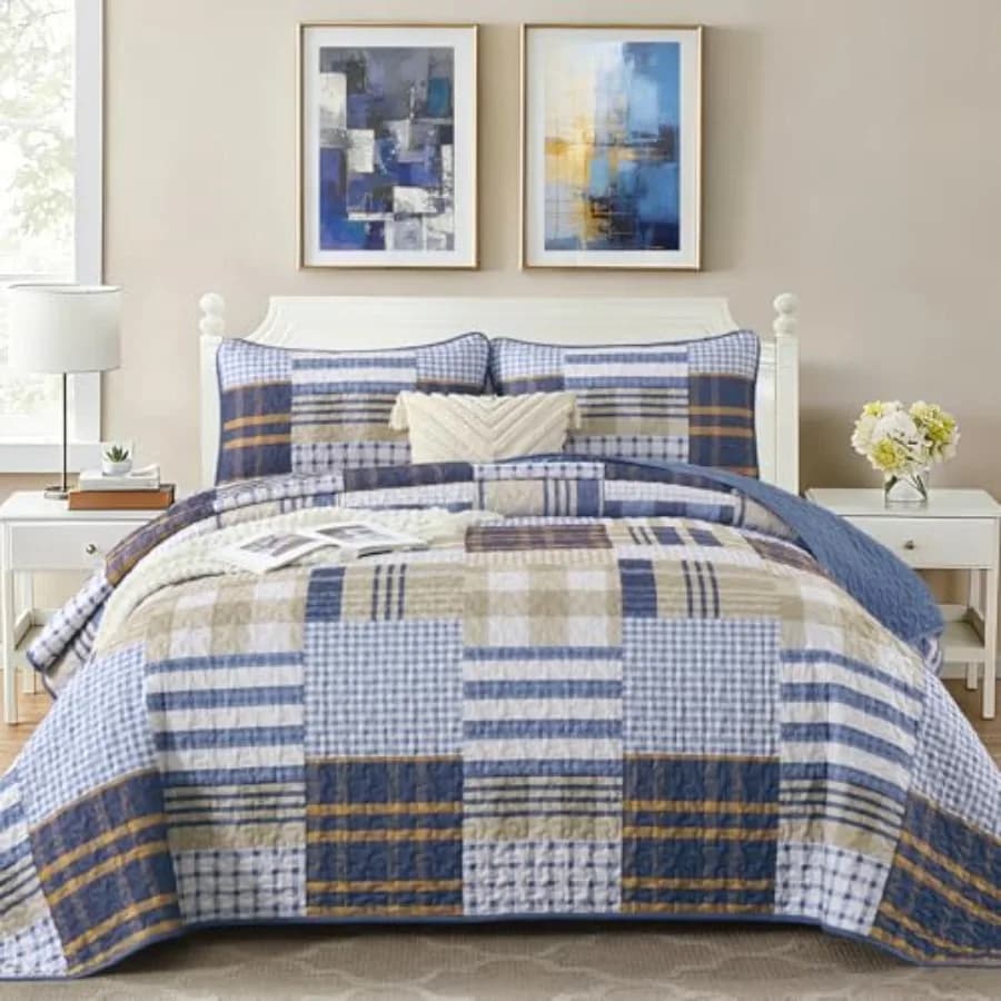 Set Copriletto Patchwork 3 Pezzi a Quadri e Righe per Uomo, Reversibile, Leggero e Confortevole per Dormitorio con Cuscino