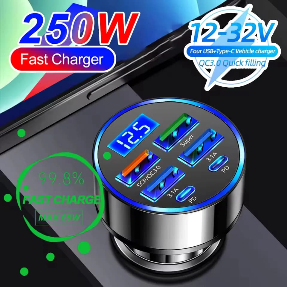 250 W USB Type C QC3.0 USB Car Charger Quick Charging 6 Door Car Lighter for Phone Flash Charging with Digital Display