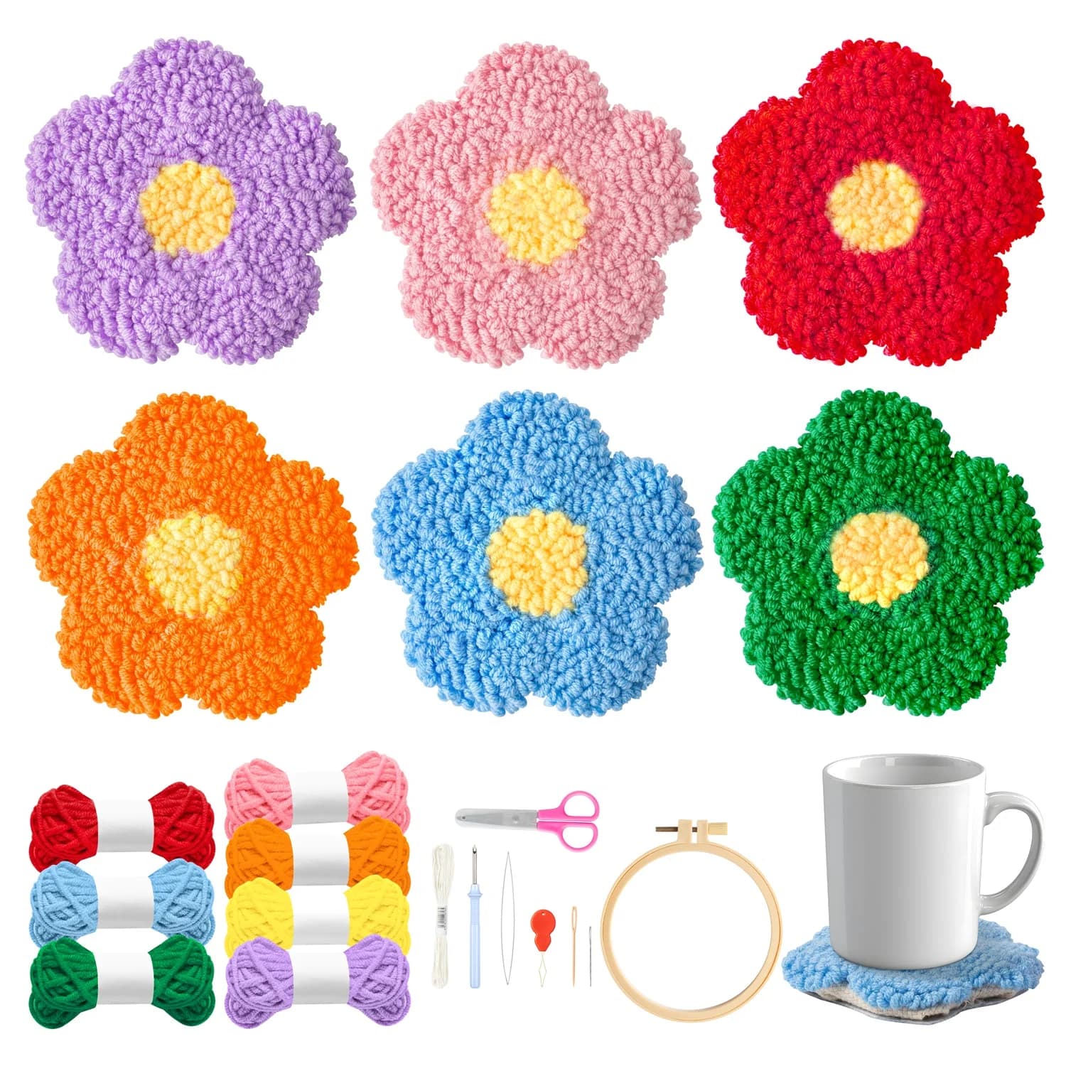 22Pcs Flower Patterns Punch Needle Coaster Kits For Beginners Felt Yarns Embroidery Hoop Instruction DIY Needle Punch Craft