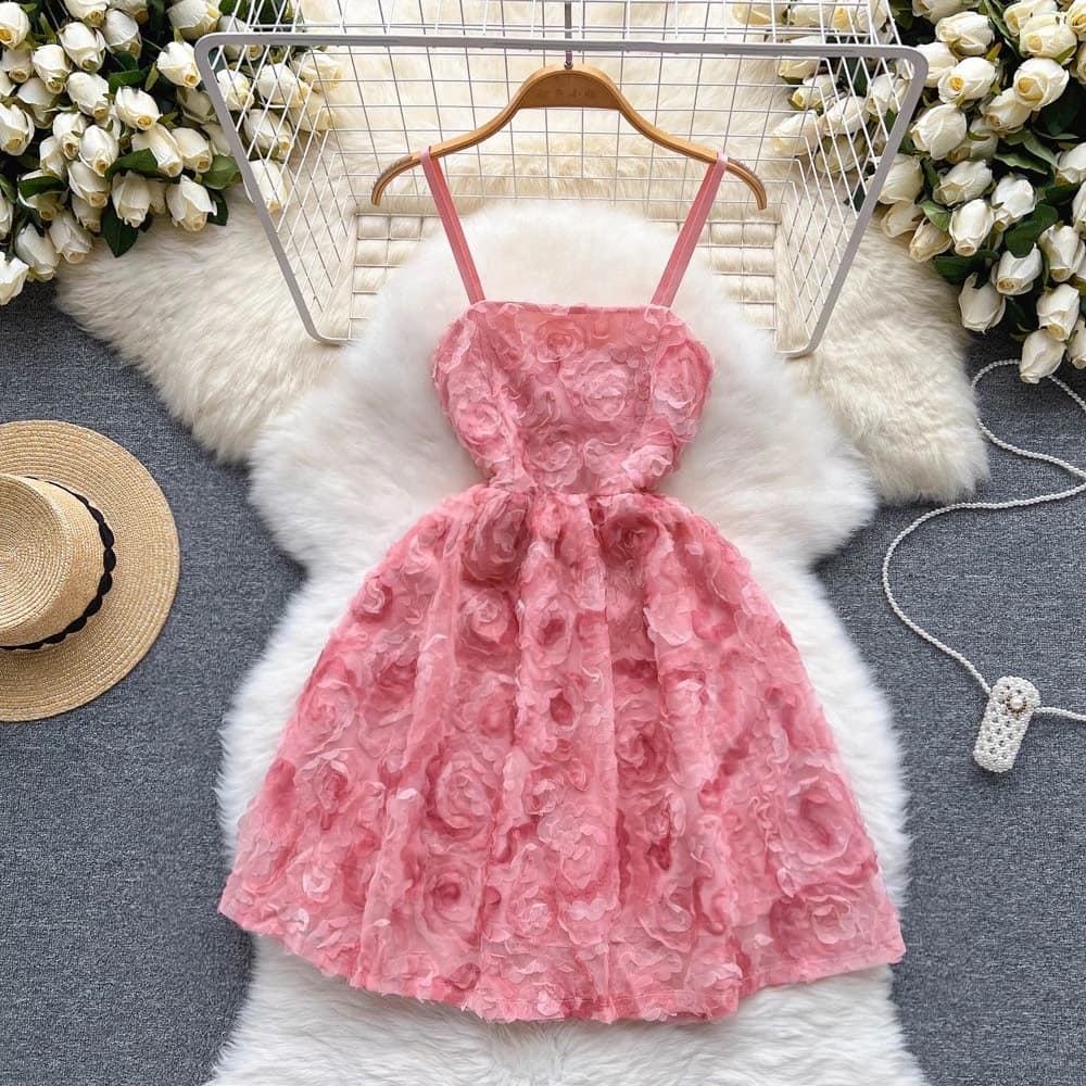 Romantic 3D Petal Pink Dress Women's Waist Cinched Fairy Tale Sweet First Love Personality Sweet Spicy Style A-Line Skirt