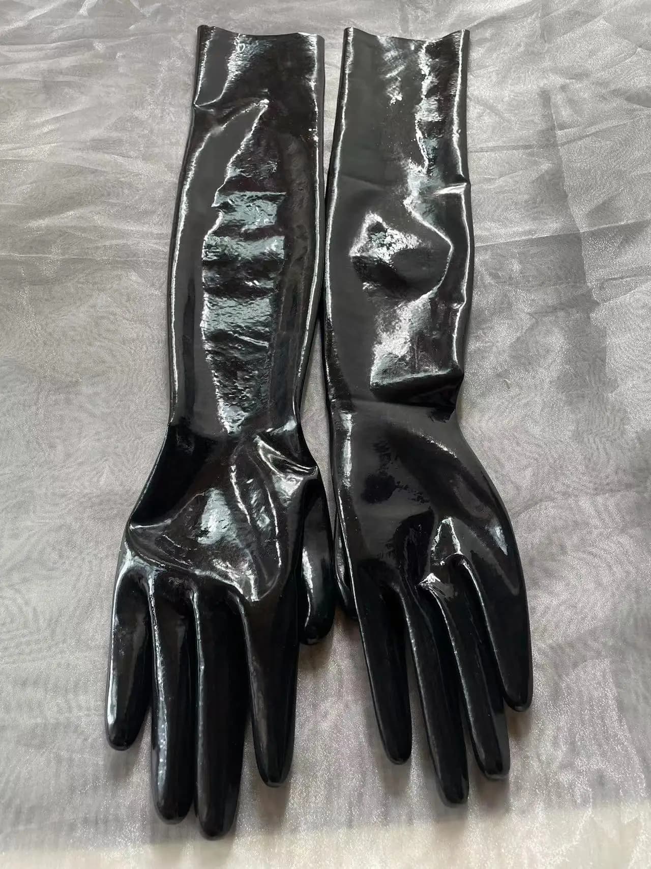Crossdress Male To Female Oil Shiny black Super Thin Latex Zentai Long Red Flat Nails Fetish Sheer Cosplay Kigurumi Gloves