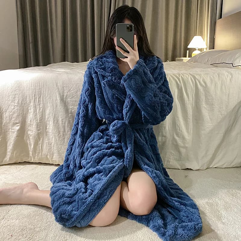 Women's flannel bathrobe with solid fusss long sleeve women's fleece dress warm winter Homewear women's bathrobe