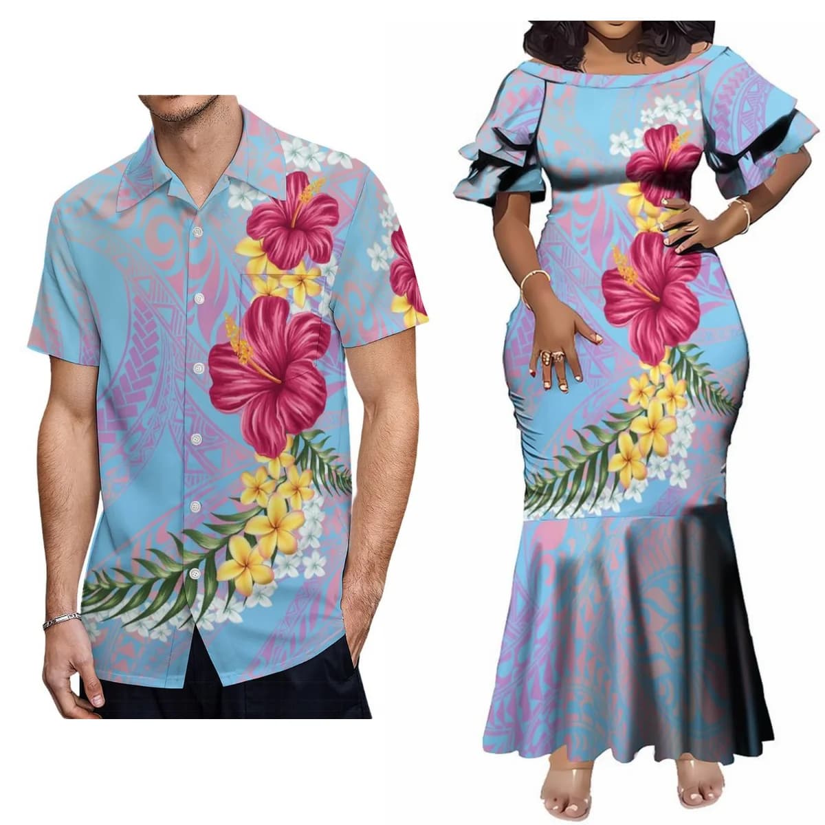 Supporta il vestito girocollo da donna personalizzato Midi Party Fishtail abito lungo abito da coppia samoano polinesiano abbinato alla camicia Aloha da uomo